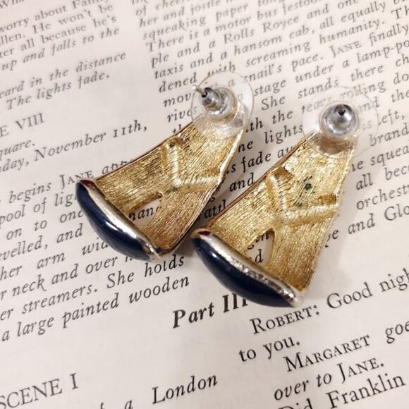 Vintage 80s Statement Earring Navy Blue Gold Rope Jackie O - Picture 4 of 4